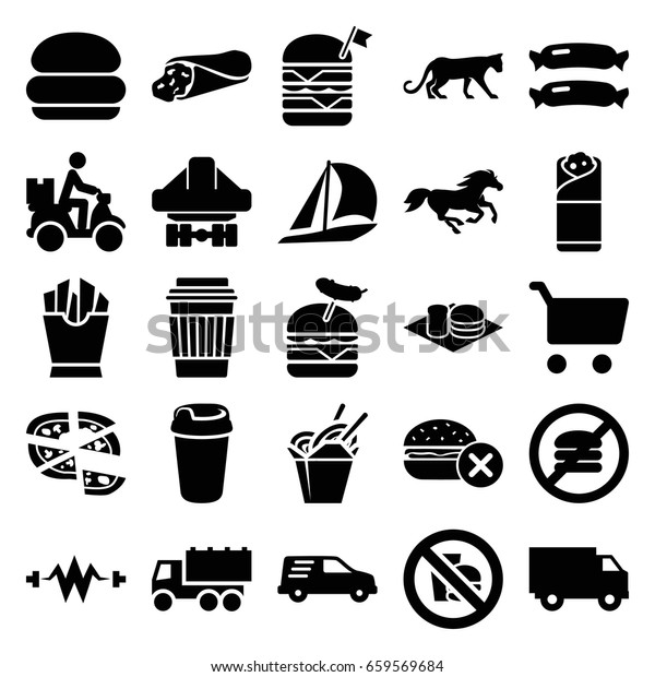 Fast icons set. set\
of 25 fast filled icons such as sausage, panther, horse, truck,\
wrap sandwich, drink, french fries, pizza, double burger with flag,\
burger with sausage