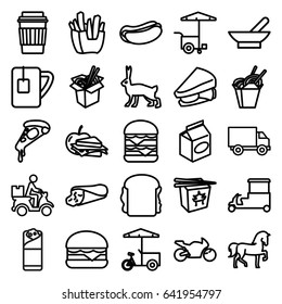 Fast icons set. set of 25 fast outline icons such as horse, rabbit, bowl, wrap sandwich, pizza, french fries, hot dog, drink, sandwich, cheeseburger, double burger, burrito