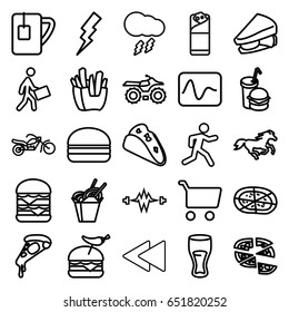 Fast icons set. set of 25 fast outline icons such as horse, flash, taco, pizza, french fries, drink, chinese fast food, sandwich, burger with pepper, double burger, burrito