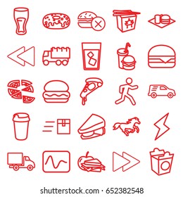 Fast icons set. set of 25 fast outline icons such as horse, truck, pizza, drink, donut, sandwich, cheeseburger, soda and burger, take away food, sandwich and apple