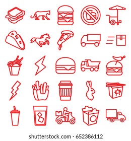 Fast icons set. set of 25 fast outline icons such as panther, horse, rabbit, flash, truck, taco, pizza, french fries, drink, sandwich, burger with pepper, double burger