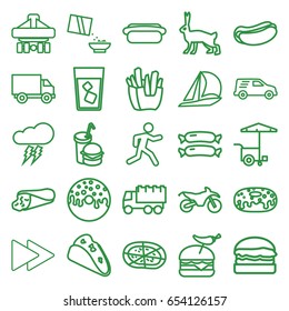 Fast icons set. set of 25 fast outline icons such as rabbit, sausage, truck, wrap sandwich, taco, french fries, hot dog, drink, donut, pizza, burger with pepper