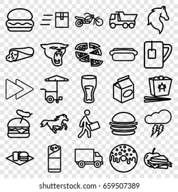 Fast icons set. set of 25 fast outline icons such as panther, horse, truck, wrap sandwich, burger, drink, donut, pizza, burger with sausage, burrito, soda and burger