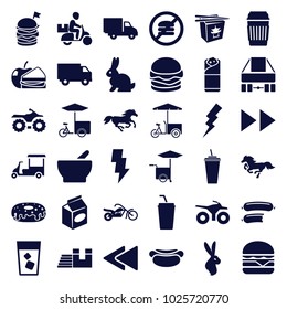 Fast icons. set of 36 editable filled fast icons such as horse, flash, motorcycle, drink, donut, cheeseburger, burrito, delivery car, truck, play back, bowl, sausage, rabbit
