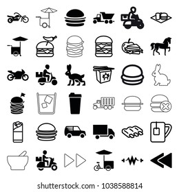 Fast icons. set of 36 editable filled and outline fast icons such as horse, burger, electricity, play back, motorbike, motorcycle, sausage, burger with pepper, burrito