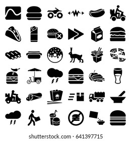 Fast icons set. set of 36 fast filled icons such as bowl, sausage, rabbit, truck, wrap sandwich, taco, drink, hot dog, donut, pizza, burger with pepper, cheeseburger, burger