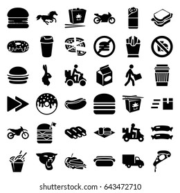Fast icons set. set of 36 fast filled icons such as sausage, panther, horse, rabbit, burger, pizza, hot dog, drink, french fries, donut, sandwich, double burger with flag