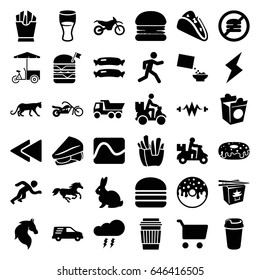 Fast icons set. set of 36 fast filled icons such as sausage, rabbit, panther, horse, truck, taco, french fries, drink, donut, sandwich, double burger with flag, burger