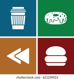 Fast icons set. set of 4 fast filled icons such as drink, donut, play back