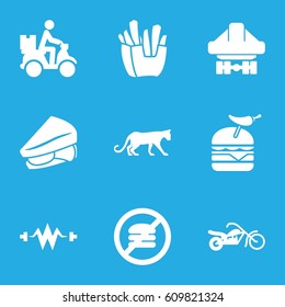 Fast icons set. set of 9 fast filled icons such as panther, french fries, sandwich, burger with pepper, cargo plane back view, courier on motorcycle, motorcycle, electricity