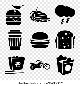 Fast icons set. set of 9 fast filled icons such as burger, drink, chinese fast food, burger with pepper, sandwich, take away food, sandwich and apple, thunderstorm