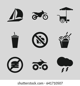 Fast icons set. set of 9 fast filled icons such as drink, thunderstorm, motorbike, sailboat