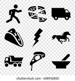 Fast icons set. set of 9 fast filled icons such as bowl, horse, flash, truck, taco, pizza