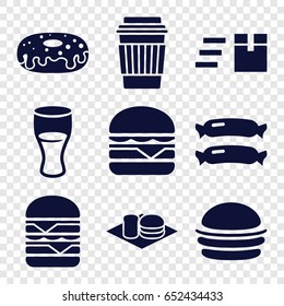 Fast icons set. set of 9 fast filled icons such as sausage, burger, drink, donut, cheeseburger, double burger, soda and burger