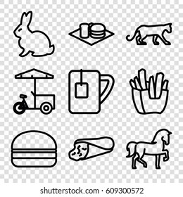 Fast icons set. set of 9 fast outline icons such as rabbit, panther, horse, wrap sandwich, french fries, burger, fast food cart, soda and burger