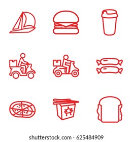 Fast icons set. set of 9 fast outline icons such as sausage, drink, chinese fast food, pizza, sandwich, courier on motorcycle, delivery bike, burger