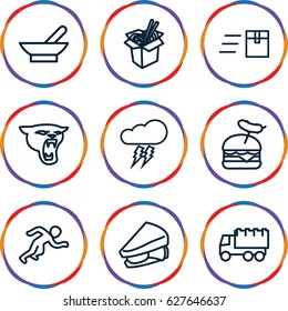 Fast icons set. set of 9 fast outline icons such as panther, bowl, truck, sandwich, noodles fast food, burger with sausage, thunderstorm, running