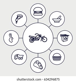 Fast icons set. set of 9 fast outline icons such as rabbit, bowl, truck, taco, burger, pizza, chinese fast food