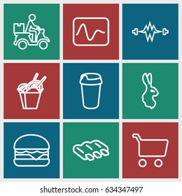 Fast icons set. set of 9 fast outline icons such as rabbit, sausage, drink, chinese fast food, cheeseburger, courier on motorcycle, electricity