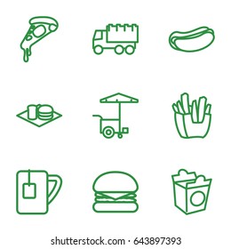 Fast icons set. set of 9 fast outline icons such as truck, pizza, french fries, hot dog, fast food cart, soda and burger, take away food, tea cup