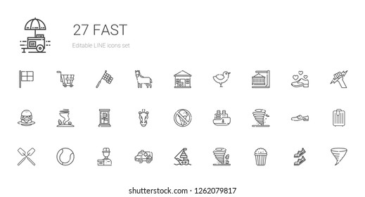 fast icons set. Collection of fast with popcorn, tornado, ship, ambulance, delivery courier, tennis, oar, no food, horse, phone box, burger. Editable and scalable fast icons.