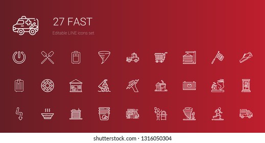 fast icons set. Collection of fast with tornado, pizza, food truck, container, warehouse, soup, flash, cargo, popcorn, zeus, ship, package delivered. Editable and scalable fast icons.