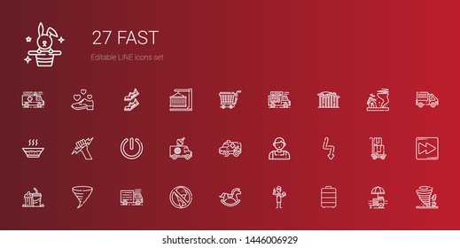 fast icons set. Collection of fast with trolley, burguer, horse, no food, truck, tornado, popcorn, flash, salesman, ambulance, van, power, zeus. Editable and scalable fast icons.