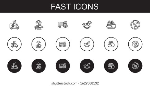 fast icons set. Collection of fast with van, food stall, truck, horse, ship, no food. Editable and scalable fast icons.