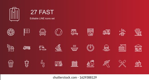 fast icons set. Collection of fast with zeus, tornado, warehouse, truck, flash, horse, popcorn, burger, power, soup, ship, shoes, pizza, delivery truck. Editable and scalable fast icons.