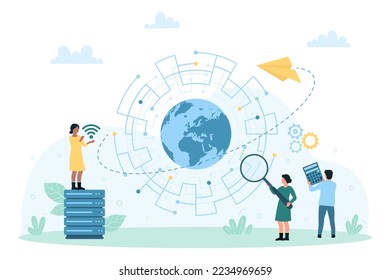 Fast internet connection, communication technology vector illustration. Cartoon tiny people test speed of signal with magnifying glass, holding wireless sign, circle circuit and globe of Earth inside