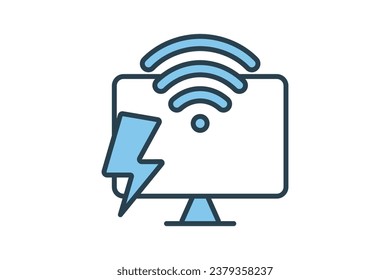 Fast internet icon. computer with wifi and lightning. icon related to speed, network. suitable for web site, app, user interfaces, printable etc. Flat line icon style. Simple vector design editable