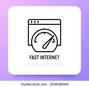 Icono de línea delgada de Internet rápida, velocímetro en la página web. Ilustración vectorial moderna.