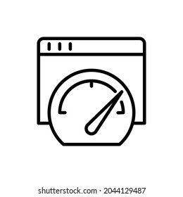 Icono de línea delgada de Internet rápida, velocímetro en la página web. Ilustración vectorial moderna.