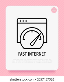 Fast internet thin line icon, speedometer on web page. Modern vector illustration.