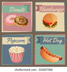 Fast junk food cards set of donuts hamburger popcorn hot dog isolated vector illustration