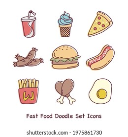 Fast Junk food doodle set Icons vector line art sign symbol