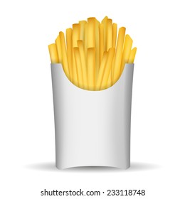 Fast junk food french fries in paper pack isolated on white background vector illustration.