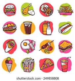 Fast junk food hand drawn decorative colored icon set isolated vector illustration