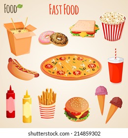 Fast junk food icons flat set of french fries hamburger soda drink isolated vector illustration