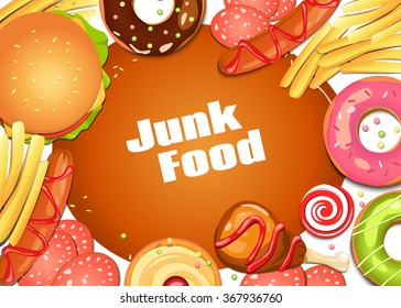 Fast junk food poster. Vector backdrop. Health care. Hamburger, chicken, french fries and cupcakes. Sweets, chocolate.