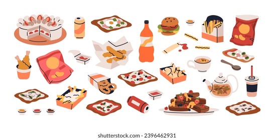 Fast junk food set. Unhealthy snacks and drinks. Fastfood eating. Burger, pizza, chicken nuggets, fat sauces, crisps, French fries, soda, cake. Flat vector illustrations isolated on white background