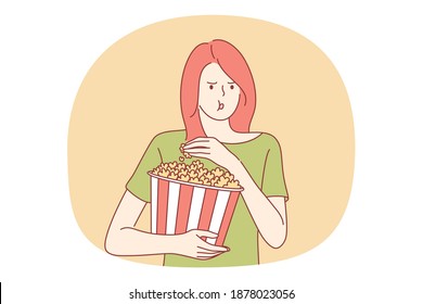 Fast and junk food, Unhealthy eating, calories concept. Young stressed girl cartoon character eating pop corn from basket with hands. Overweight, snack, lifestyle, harmful eating