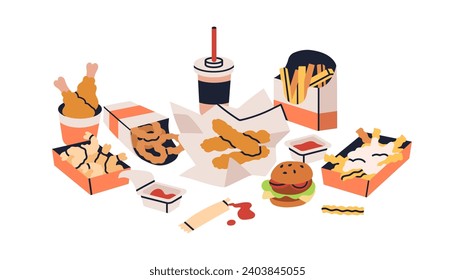 Comida chatarra rápida. Aperitivos poco saludables, comida, refresco. Papas fritas, hamburguesa, anillos de cebolla, tiras de pollo fritas, piernas, gambas en cajas de papel. Ilustración vectorial plana aislada en fondo blanco