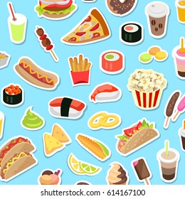 Fast and junk kinds of food scattered on blue background. Vector poster of pizza pieces, round sushi, pop corn, hot dog, ice cream on stick and in cone, drinks in covered cups with straws and doughnut