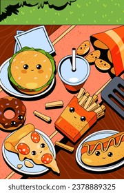 Fast or junk smiling food with face vector pop art background. Backdrop in retro 80s comic and funky style for meal or dish menu. Gourmet and unhealthy nutrition illustration. Table top view. Cook