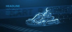 Fast Karting Racer On Blue. Fast Go Kart Race. Abstract 3d Illustration. Low Pole Style With Dots, Lines. Fast Speed Technology Concept