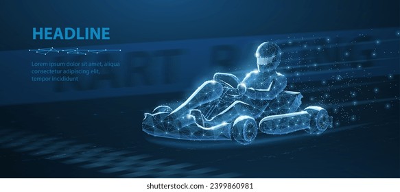 Carrera de karting rápido en azul. Carrera kart de rápido paso. Resumen de la ilustración 3d. Estilo de poste bajo con puntos, líneas. Concepto de tecnología de velocidad rápida