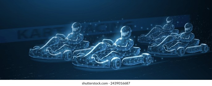 Fast karting racers on blue. Go kart. Abstract 3d illustration. Low pole style with dots, lines. Fast speed technology concept