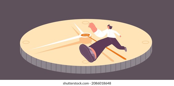 Fast lifetime. Woman hurries, jumps over clock arrow. Deadline concept, be late to work. Young girl life speed. Female on watch utter vector character