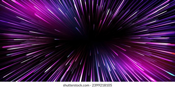 Fast light motion speed effect. Vector realistic illustration of abstract neon pink, purple rays, circular centric motion on black background, space travel route perspective, explosion energy warp